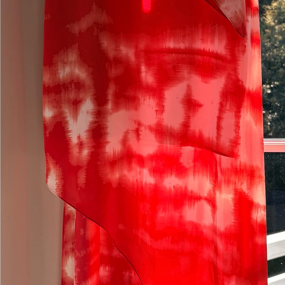 NWT BCBGMaxAzria Semi Sheer Flowy Red Assymetric Maxi Dress